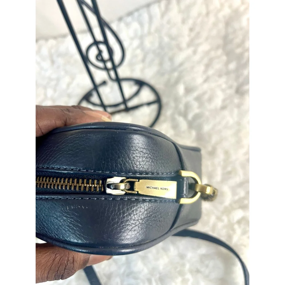 Michael Kors Woven Chevron Leather Camera Bag Navy Blue and Gold hardware